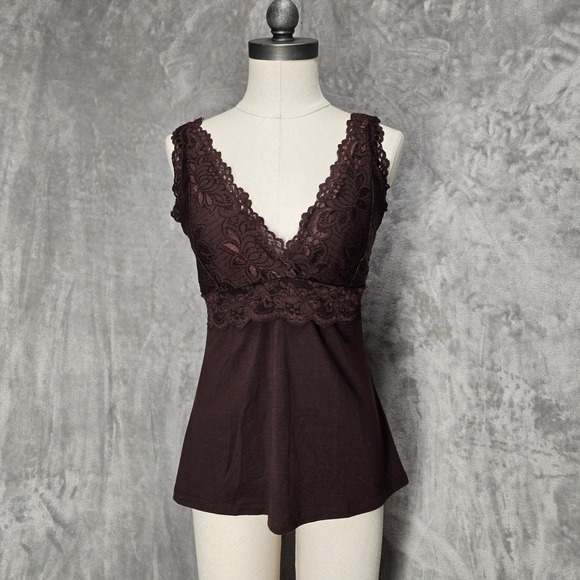 Wet Seal Tops - Y2K WetSeal Tank Top Women L Brown Lace Trim Empire Waist Tie Back Stretch Fairy